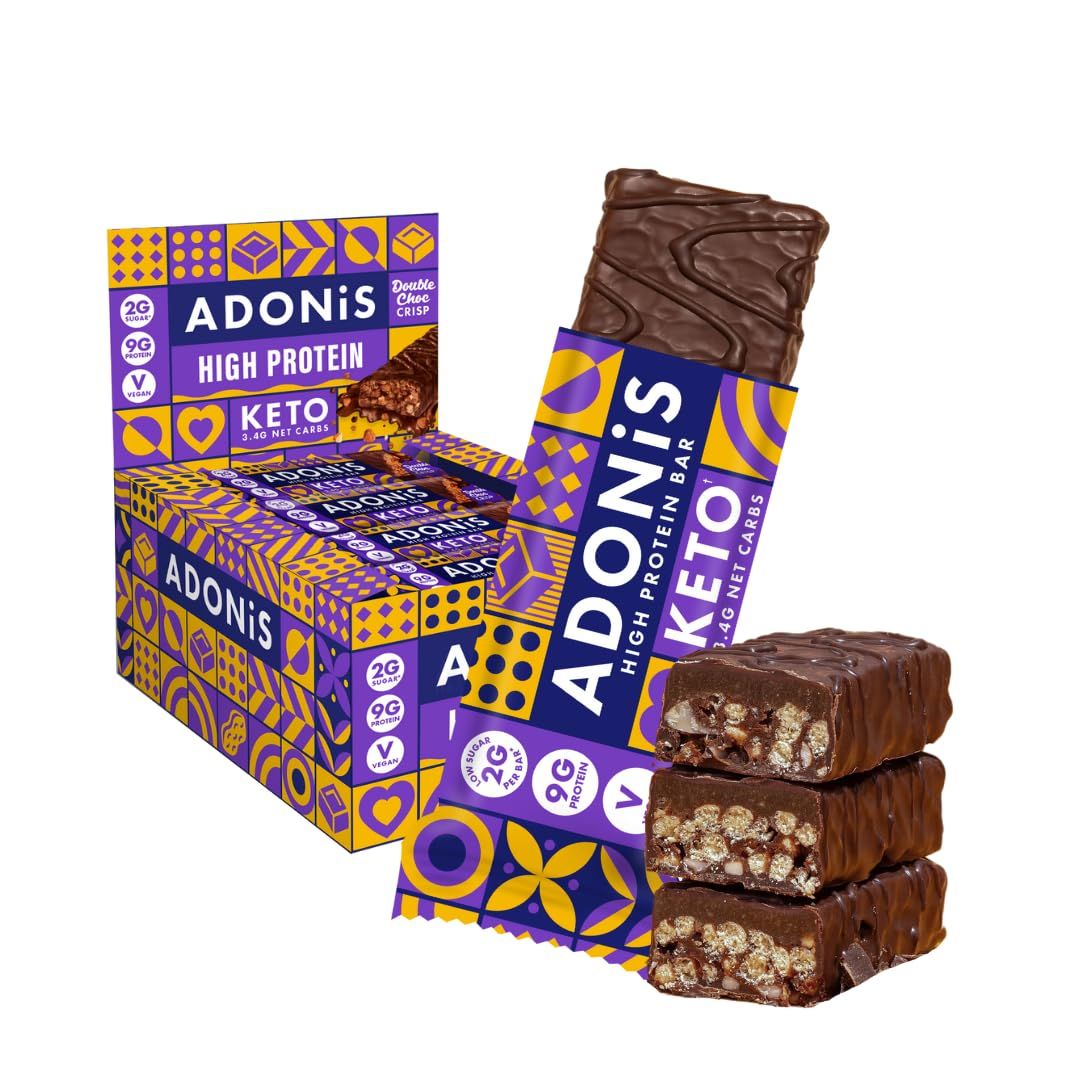 Adonis Keto Double Choc Crisp High Protein Bar (16 x 45g Bars) | Vegan &amp; Keto Friendly | 100% Natural | Sugar Free, Palm Oil Free, Dairy Free | Low Sugar