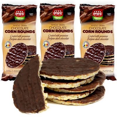 Dark Chocolate Corn Cakes - Chocolate Coated Corn Cake Snacks - Whole Grain Dairy Free Gluten Free Corn Cakes - Healthy Low Calorie Snacks - Kosher - 3 Pack - 6 Cakes Per Pack - 18 Total