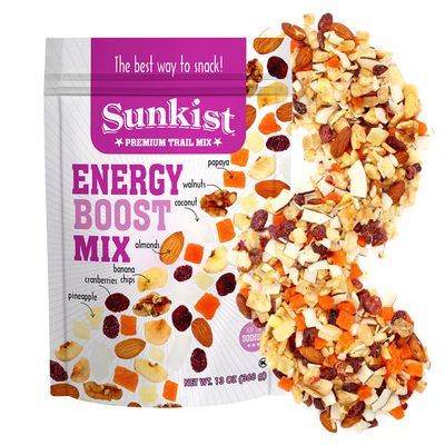 Sunkist Energy Boost Trail Mix - Fruit and Nut Mix, Low Sodium, Gluten Free Snack with Papaya, Walnuts, Coconut, Almonds, Banana Chips, Cranberries, Pineapple | Premium Quality | 13 oz Resealable Bag