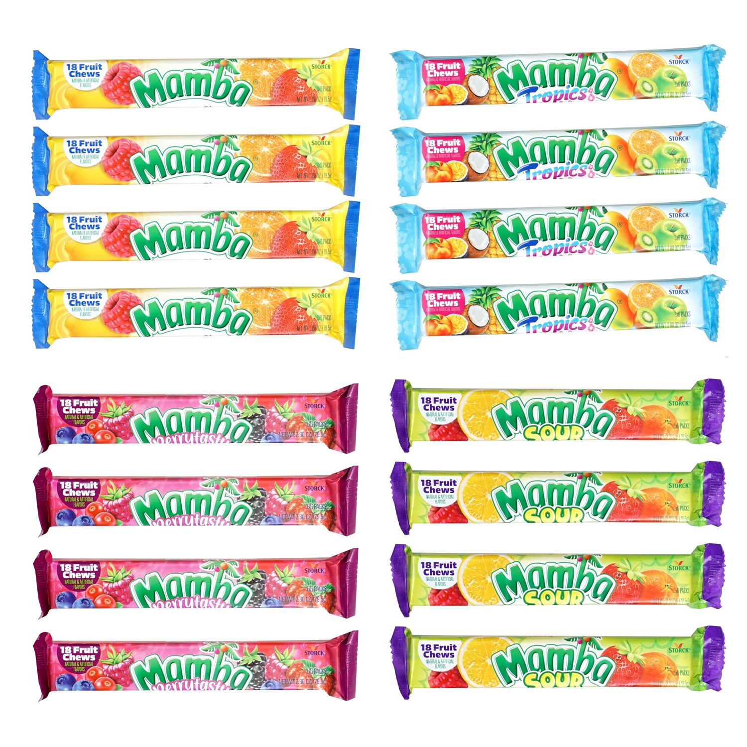 Mamba Sticks Snack Variety Pack, 16 Pack Mamba Candy, Original, Tropics, Sour, Tropics, Berrytasty