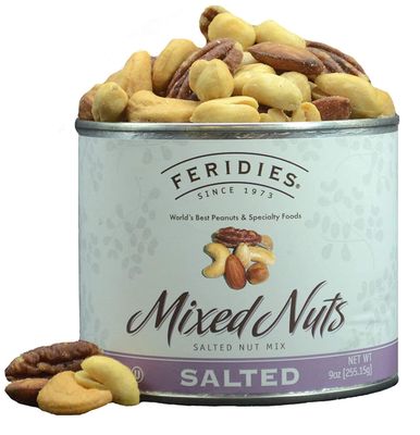 FERIDIES Deluxe Mixed Nuts Salted (9 Ounce) Nut Tin Vacuum Sealed Packaging. Cashews, Almonds, Pecans, Hazelnuts, and Macadamias. Snacks and Food.