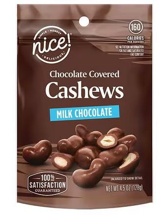Nice Milk Chocolate Covered Cashews, 4.5oz Bag, Crunchy Salted Roasted Cashews, Holiday Gift Snack Snacking Treat