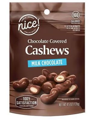 Nice Milk Chocolate Covered Cashews, 4.5oz Bag, Crunchy Salted Roasted Cashews, Holiday Gift Snack Snacking Treat