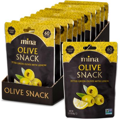 Mina Olive Snack Packs, Pitted Green Olives with Lemon, 2.11oz (Pack of 12) Healthy Snack Olives, Green Olives Pitted, Keto Snacks, Vegan, Gluten Free Travel Snacks, All Natural, 60 Calories per Pack