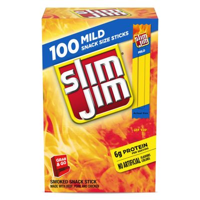 Slim Jim Smoked Meat Sticks, Mild Flavor, 6g Protein Per Serving, Snack Size, 0.28 oz. (100 Count)