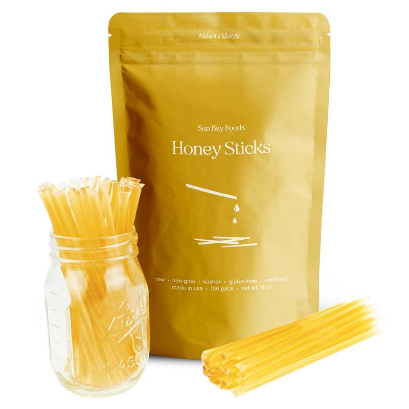 SBO Honey Sticks - 100 Count of Raw Unfiltered Non-GMO Single Serve Pure Honey Stick Packets for Tea and Snacks - Made in the USA