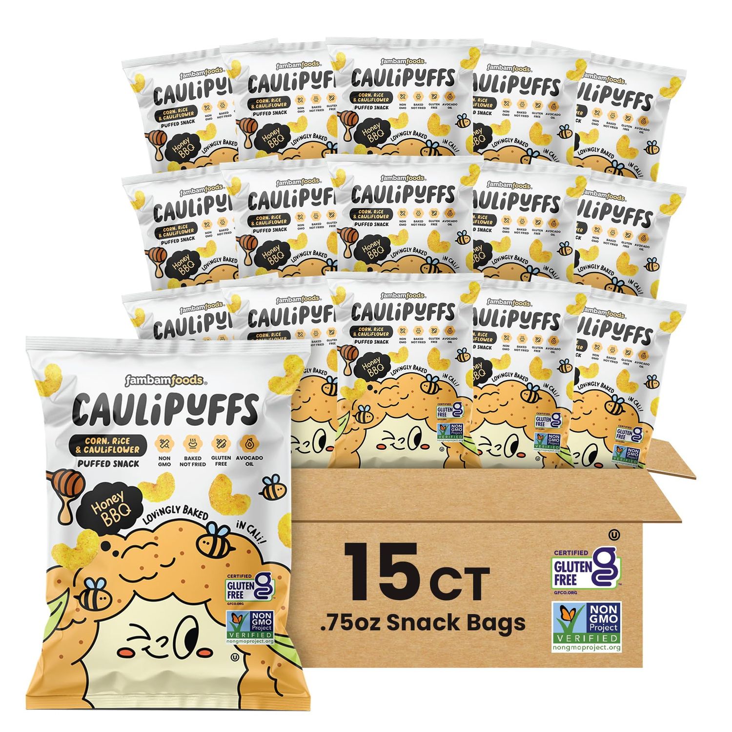 Honey BBQ CauliPuffs - Corn, Rice, and Cauliflower Gluten Free Puffed Snack (Box of 15, 0.75oz bags)