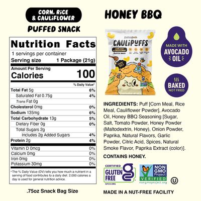 Honey BBQ CauliPuffs - Corn, Rice, and Cauliflower Gluten Free Puffed Snack (Box of 15, 0.75oz bags)