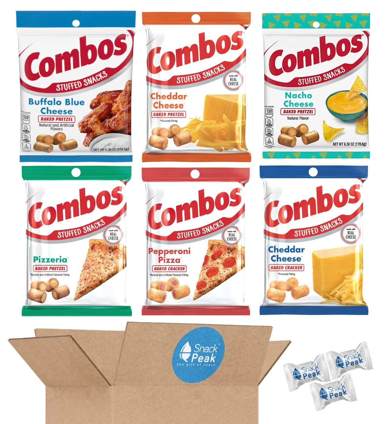 Combos Variety Snack Peak Gift Box (6 - 6.3 oz bags): Pizza Pretzel, Cheese Cracker, Buffalo Blue Cheese, Pizza Cracker, Cheese Pretzel, Nacho Cheese Pretzel
