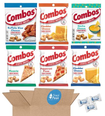 Combos Variety Snack Peak Gift Box (6 - 6.3 oz bags): Pizza Pretzel, Cheese Cracker, Buffalo Blue Cheese, Pizza Cracker, Cheese Pretzel, Nacho Cheese Pretzel