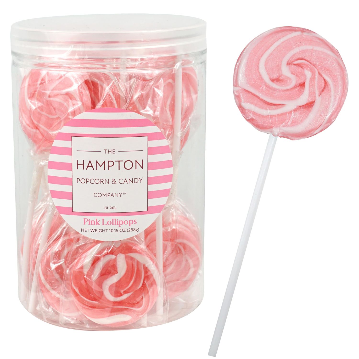 Pink Lollipops, 24 Pack, Pink Swirl Lollipops Individually Wrapped, Pink Lollipop Suckers Bulk, The Hampton Popcorn &amp; Candy Company