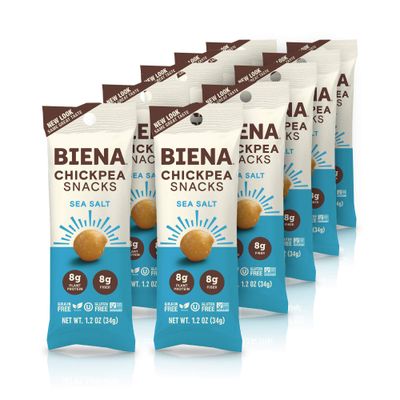 BIENA Chickpea Snacks - Crunchy Roasted Chickpeas - High Fiber Vegan Protein Snacks for Adults and Kids - 10-Pack, 1.2 Ounce Bags - Sea Salt