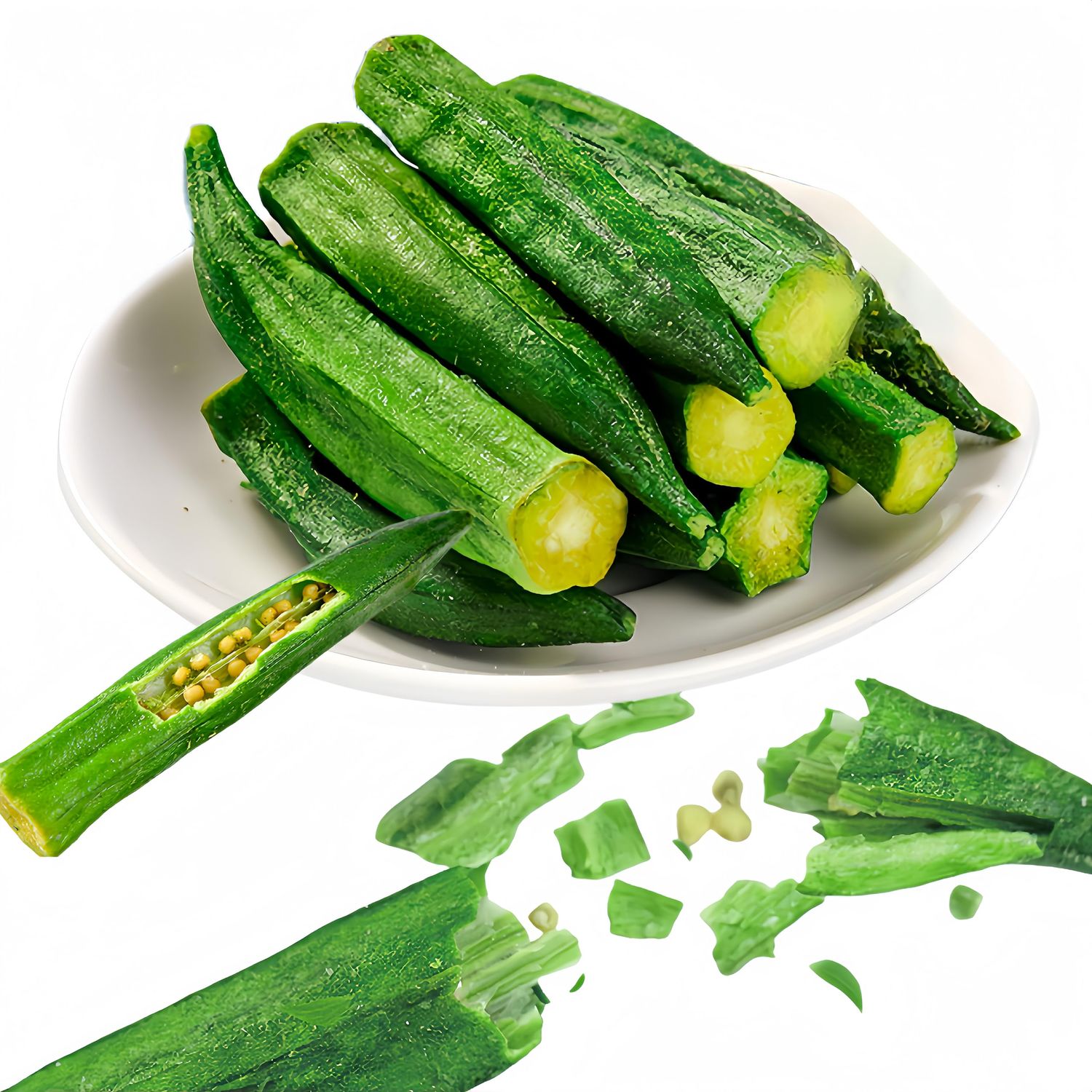 Okra Chips Freeze Dried Vegetables - Crunchy Dehydrated Okra Crisp, Sea Salt Flavor Chinese Snacks, Resealable Bag (4.41 Oz)