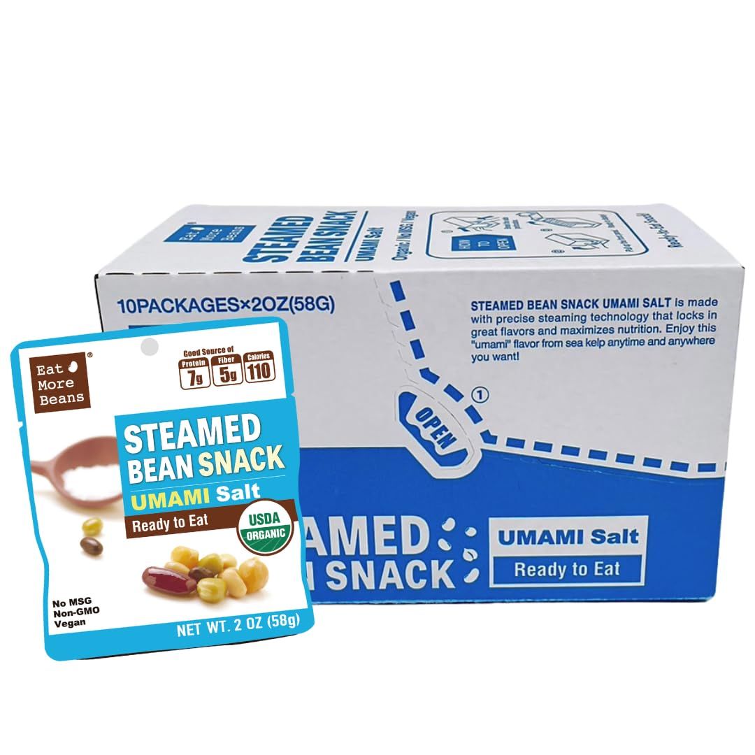 Eat More Beans STEAMED BEAN SNACK -UMAMI Salt USDA Certified Healthy Vegan Snacks Ready to Eat Fully Cooked- Box of 10 packs(2oz, 10packs)