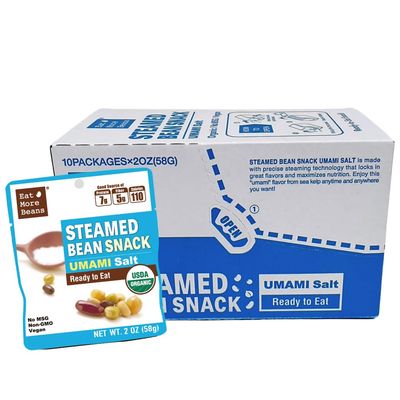 Eat More Beans STEAMED BEAN SNACK -UMAMI Salt USDA Certified Healthy Vegan Snacks Ready to Eat Fully Cooked- Box of 10 packs(2oz, 10packs)