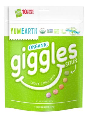 YumEarth Organic Sour Giggles Chewy Candy - Allergy Friendly (Top 9 Free), No Artificial Dyes or Flavors, Non GMO, Gluten Free, Vegan - Individually Wrapped Sour Snack Packs - 0.5 Ounce (Pack of 10)