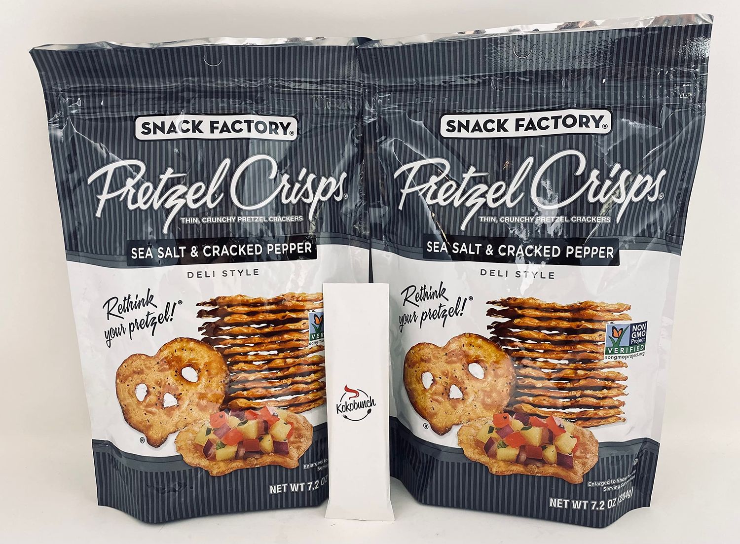 Pretzel Crisps Thin Crunchy Pretzels Crackers Sea Salt and Cracked Pepper Deli Style By Snack Factory Bundled With Kokobunch Kit | 2 PK - 7.2 oz