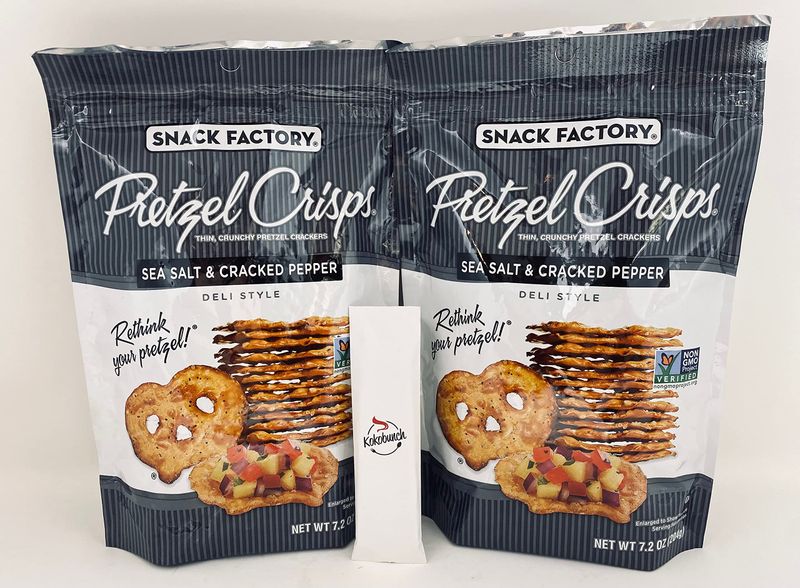 Pretzel Crisps Thin Crunchy Pretzels Crackers Sea Salt and Cracked Pepper Deli Style By Snack Factory Bundled With Kokobunch Kit | 2 PK - 7.2 oz