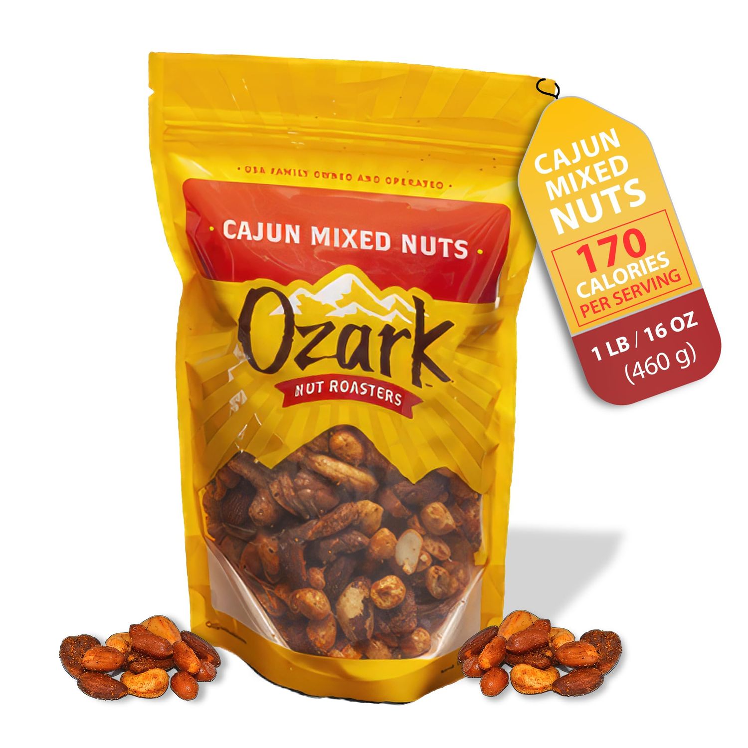 OZARK NUT ROASTERS, Cajun Mixed Nuts, Hot &amp; Spicy Flavored Snack Nuts, Blend of Pecans, Peanuts, Cashews, Almonds &amp; Brazilian Nuts Pack of 1 (16 oz)
