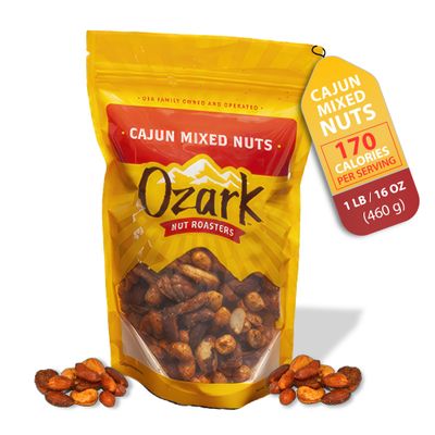 OZARK NUT ROASTERS, Cajun Mixed Nuts, Hot &amp; Spicy Flavored Snack Nuts, Blend of Pecans, Peanuts, Cashews, Almonds &amp; Brazilian Nuts Pack of 1 (16 oz)
