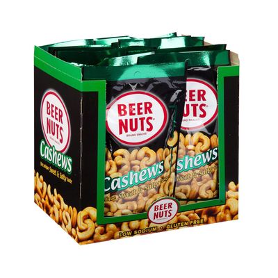 BEER NUTS Cashews - 12-Count 4oz Single Serve Bags, Low Sodium, Gluten Free Cashews