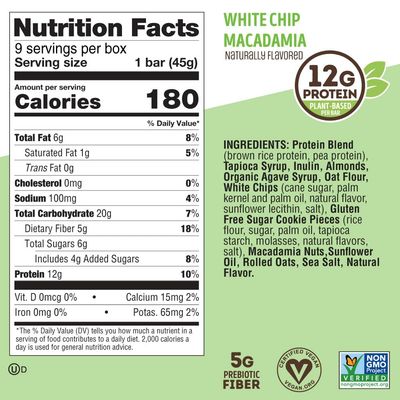 Lenny &amp; Larry's Cookie-fied Bar - White Chip Macadamia Protein Bars 9x45g - Healthy High Protein Snack with 12g Plant Protein &amp; 5g Fiber - Gluten free Power Bar, Keto Friendly, Non-GMO &amp; Vegan
