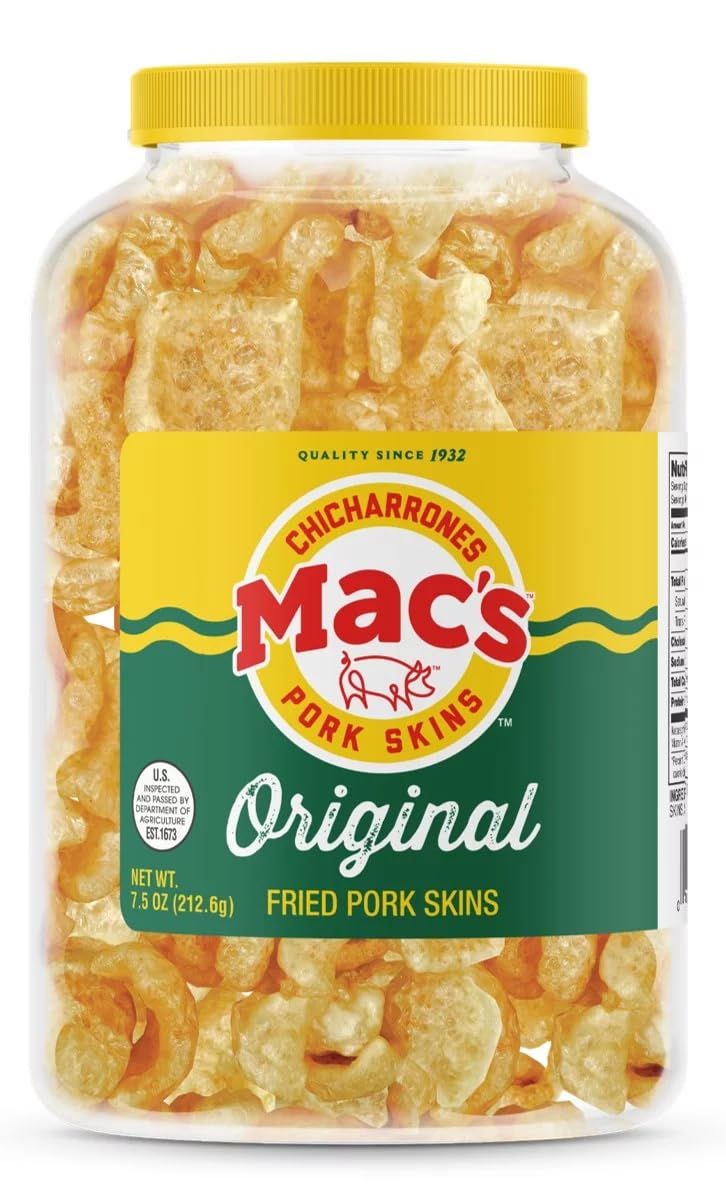 Mac&#39;s Pork Rinds, Fried Pork Skins, Original, 7.5 Ounce Canister - Zero Carbs, Keto Friendly Snack, Gluten Free