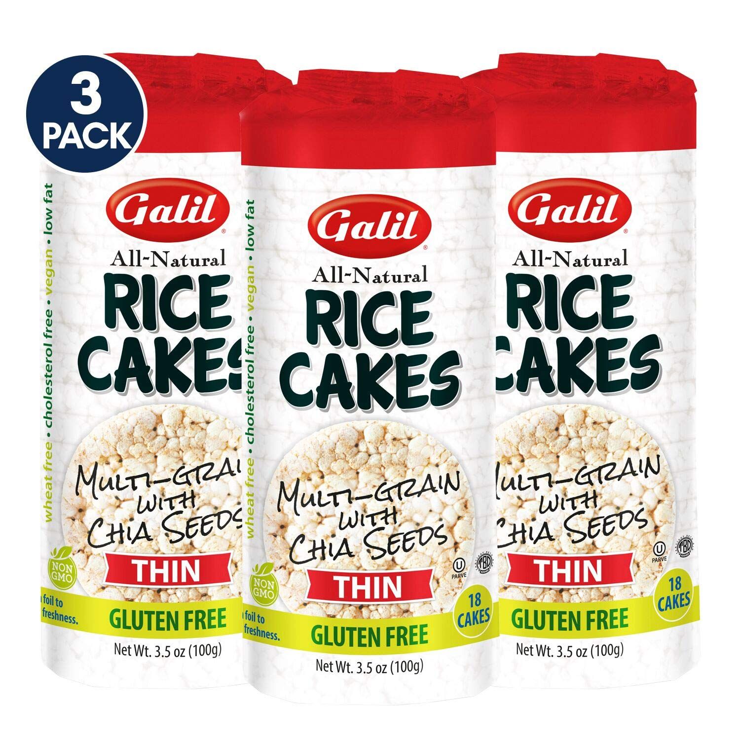 Galil Thin Multi-Grain Rice Cakes with Chia Seeds Pack of 3 - All-Natural, Non-GMO, Low Fat Snacks, Gluten-Free Rice Cakes 3.5 Oz.