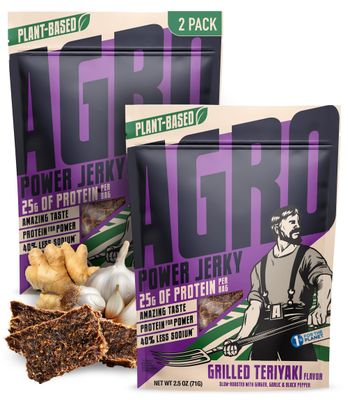 AGRO POWER Jerky Grilled Teriyaki Flavor - Improved Recipe - Roasted Black Pepper, Sea Salt, Garlic &amp; Onion Plant-Based Vegetarian Jerky - 25G Protein &amp; 40% Less Sodium Smoky Vegan Jerky - 2 Pack
