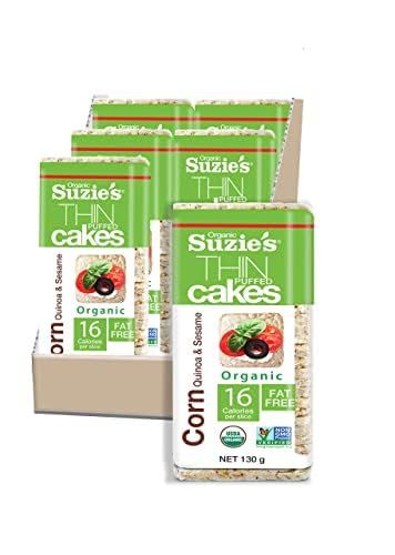Suzie&#39;s Organic Rice Cakes Thins|6 Pack|Corn Quinoa &amp; Sesame|USDA Organic, NON-GMO, Fat-Free, Sugar-Free, Gluten-Free|Low-Calorie Snack-17 Calories Per Slice|Bread &amp; Cracker Replacement