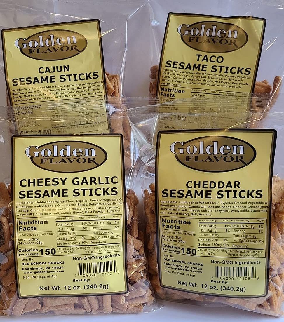 Golden Flavor Sesame Sticks - Flavor Explosion Variety Pack - 3 Pounds Total- (4) 12 ounce bags - Cheesy Garlic - Cheddar - Taco - Cajun