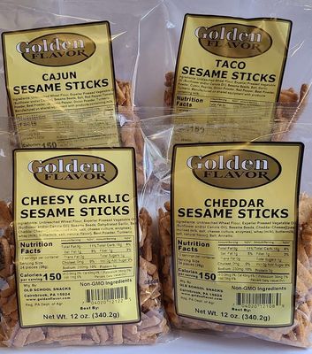 Golden Flavor Sesame Sticks - Flavor Explosion Variety Pack - 3 Pounds Total- (4) 12 ounce bags - Cheesy Garlic - Cheddar - Taco - Cajun