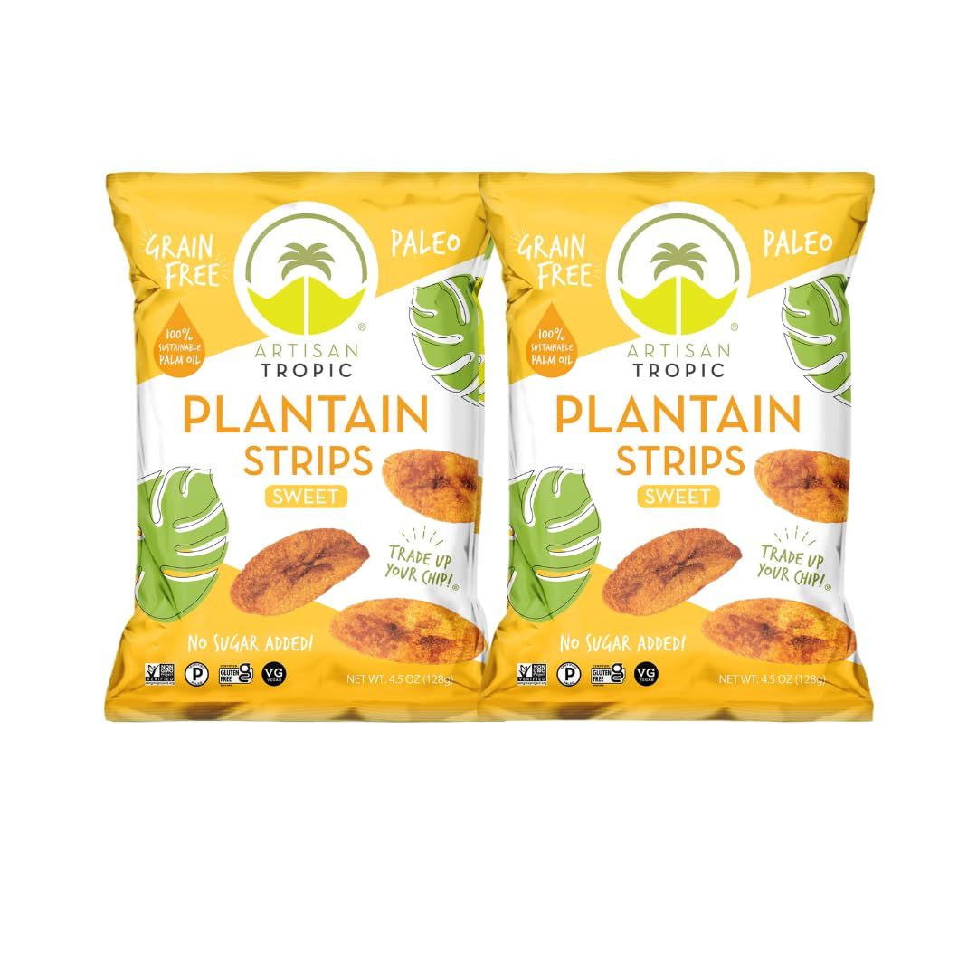 ARTISAN TROPIC Plantain Strips - Vegan, Paleo, Gluten Free Chips - Whole 30 Approved Foods Non-GMO Healthy Snack for Lunches, Dipping, Parties - Baked Banana Chips - Naturally Sweet (4.5 Oz - 2 Pack)