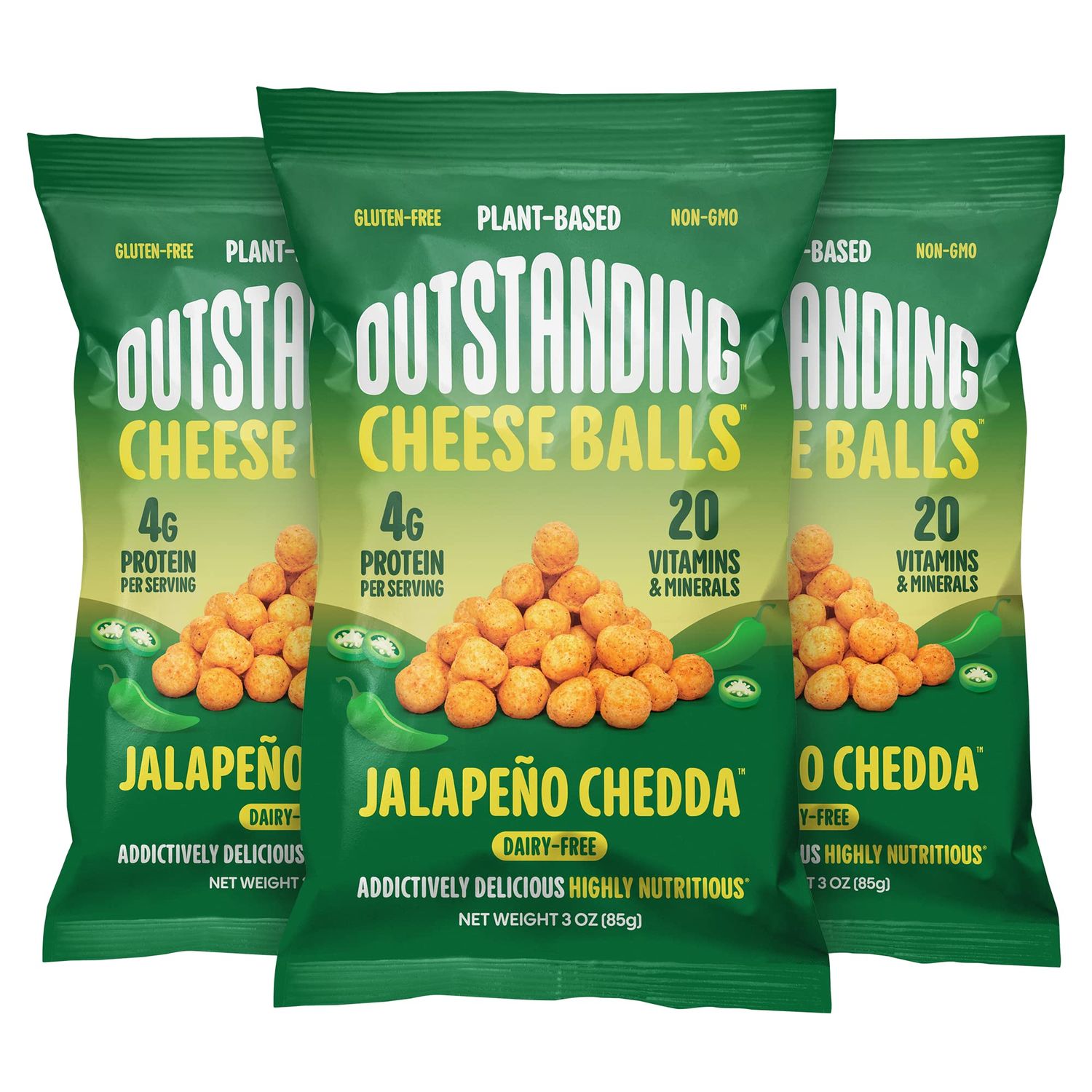 Outstanding Cheese Balls, Jalapeo Chedda, 3 oz (Pack of 3) - Dairy-Free, Non-GMO, 4g Protein, Plant Based, Gluten Free, Vegan, 20 Essential Vitamins &amp; Minerals (Crunchy Puffed Snacks)