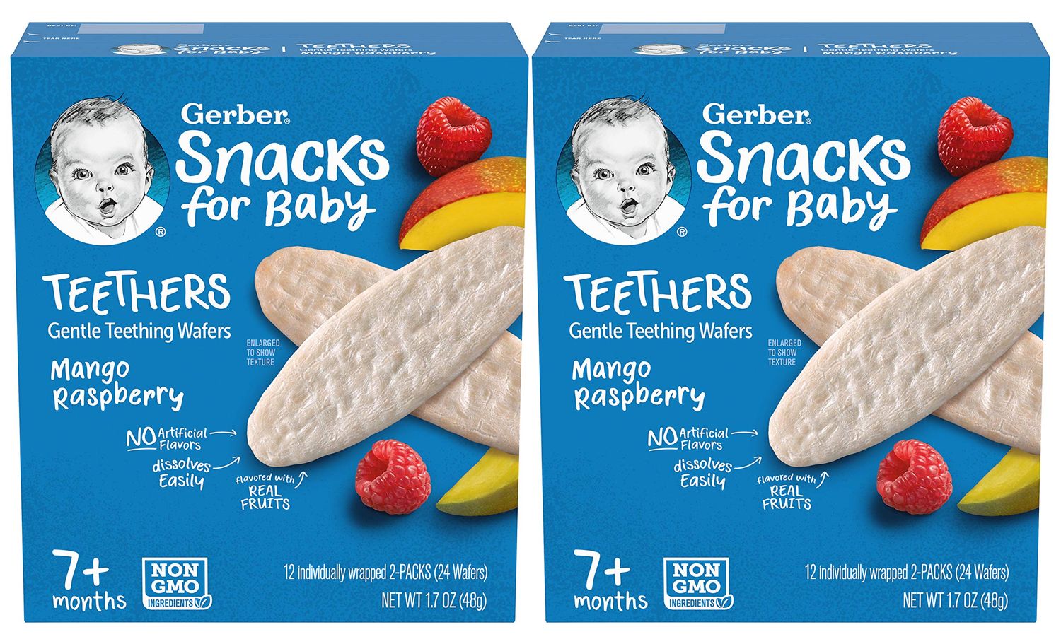 Gerber Snack for Baby Teethers, Mango Raspberry, Gentle Teething Wafers Flavored with Real Fruits, 12 Individually Wrapped 2-Packs (24 WafersBox) (Pack of 2 Boxes)