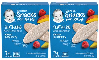 Gerber Snack for Baby Teethers, Mango Raspberry, Gentle Teething Wafers Flavored with Real Fruits, 12 Individually Wrapped 2-Packs (24 WafersBox) (Pack of 2 Boxes)