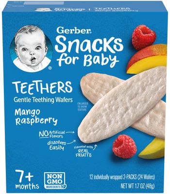 Gerber Snack for Baby Teethers, Mango Raspberry, Gentle Teething Wafers Flavored with Real Fruits, 12 Individually Wrapped 2-Packs (24 WafersBox) (Pack of 2 Boxes)