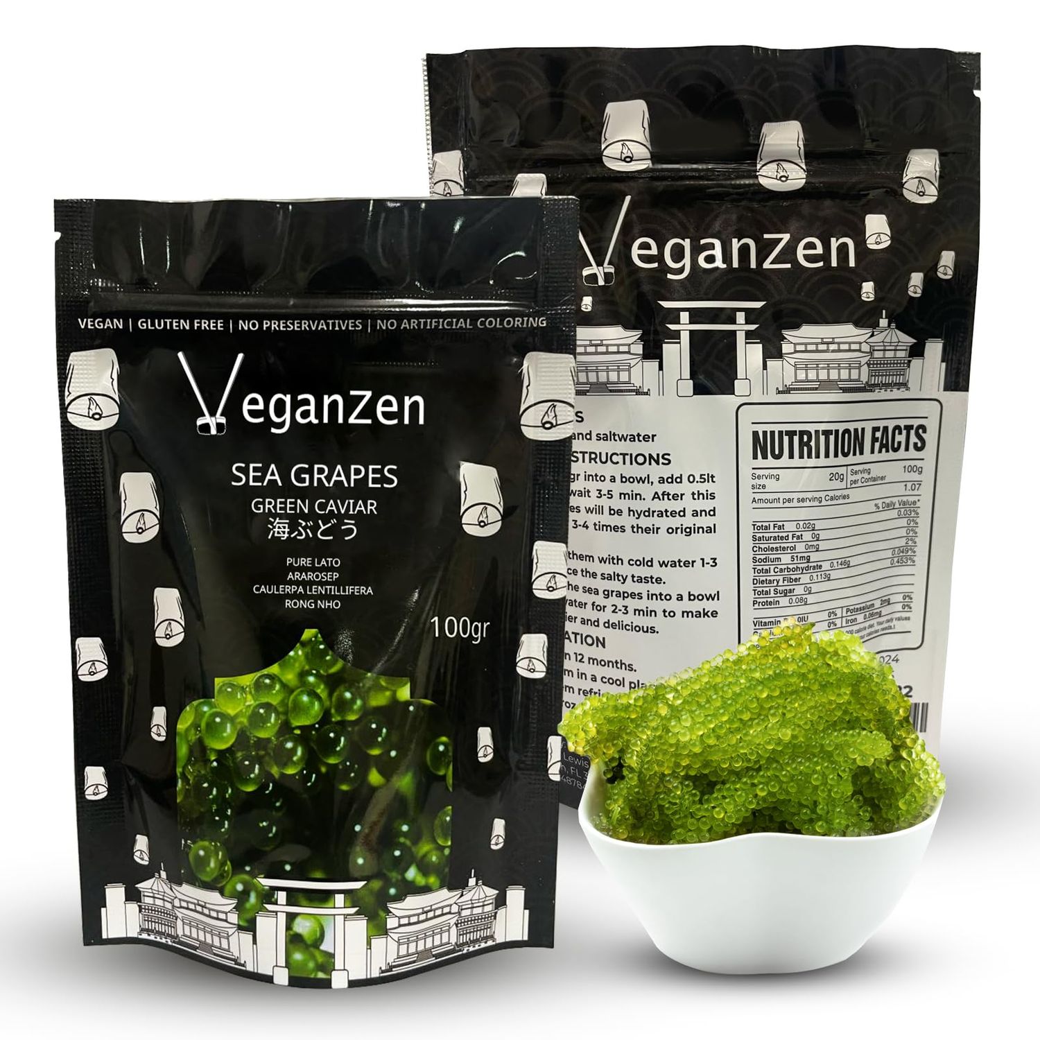 Sea Grapes to Eat Seaweed Snacks Salad Kit 100GR VeganZen Umibudo dried ramen toppings korean food green caviar vegetables nori kelp kombu asmr organic Dehydrated lato Crunchy Superfood