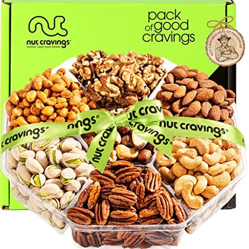 NUT CRAVINGS Gourmet Collection - Valentines Mixed Nuts Gift Basket  Green Ribbon (7 Assortments, 1 LB) Arrangement Platter, Birthday Care Package - Healthy Kosher Corporate Gifts