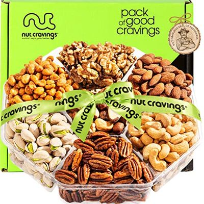 NUT CRAVINGS Gourmet Collection - Valentines Mixed Nuts Gift Basket  Green Ribbon (7 Assortments, 1 LB) Arrangement Platter, Birthday Care Package - Healthy Kosher Corporate Gifts