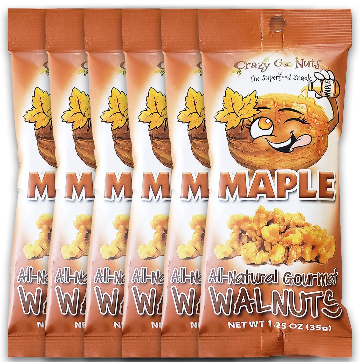 Crazy Go Nuts Walnuts Maple - Glazed Walnuts, Healthy Snacks, Vegan, Low Carb, Gluten Free, Superfood - Natural, Non-GMO, ALA, Omega 3 Fatty Acids, Good Fats, and Antioxidants - 1.25 Oz, 6-Pack