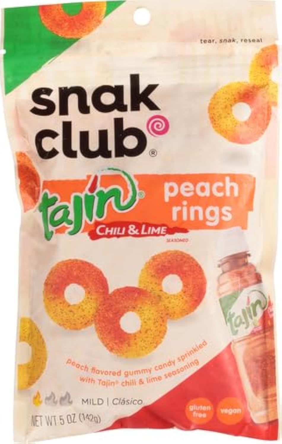 Snak Club Tajin Peach Rings Gummy Candy, Fruit Candy Gummies with Chili and Lime Seasoning, Mild, Gluten-Free and Vegan Snacks, 5 oz Resealable Bags, 6 Pack