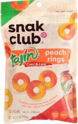 Snak Club Tajin Peach Rings Gummy Candy, Fruit Candy Gummies with Chili and Lime Seasoning, Mild, Gluten-Free and Vegan Snacks, 5 oz Resealable Bags, 6 Pack Snak Club Tajin Peach Rings Gummy Candy, Fruit Candy Gummies with Chili and Lime Seasoning, Mild, Gluten-Free and Vegan Snacks, 5 oz Resealable Bags, 6 Pack