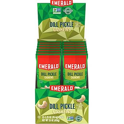 Emerald Nuts Dill Pickle Seasoned Cashews 12 Ct (1-Pack), 1.25 Oz Individual Snack Tubes, Kosher Certified, Non-GMO, Contains No Artificial Preservatives, Flavors or Synthetic Colors