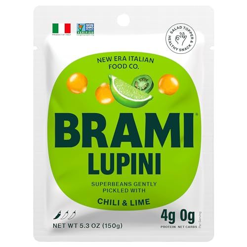 BRAMI Lupini Beans Snack, Chili &amp; Lime, 7g Plant Based Protein, 0g Net Carbs, Vegan, Vegetarian, Keto, Mediterranean Diet, Non Perishable, 5.3 oz