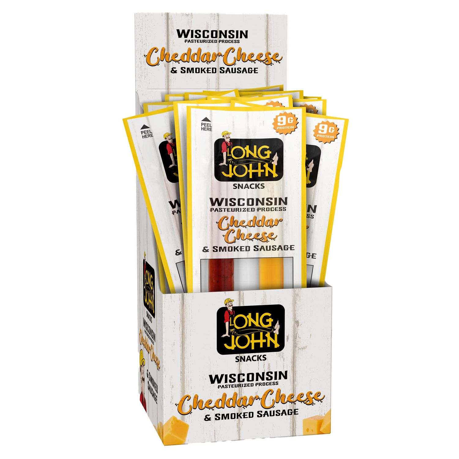 Long John Snacks Cheddar Cheese &amp; Smoked Sausage Sticks - 1.5 oz. Handcrafted Gourmet Treats with Real Pork &amp; Beef, Wisconsin Cheese Snacks - Ready-to-Eat, High-Protein, Grab-and-Go Morsels - 12 Packs