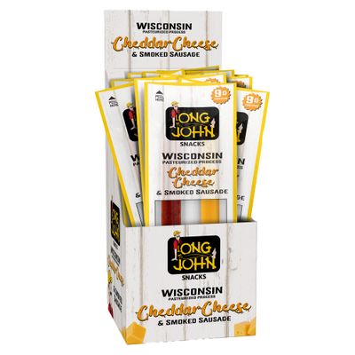 Long John Snacks Cheddar Cheese &amp; Smoked Sausage Sticks - 1.5 oz. Handcrafted Gourmet Treats with Real Pork &amp; Beef, Wisconsin Cheese Snacks - Ready-to-Eat, High-Protein, Grab-and-Go Morsels - 12 Packs