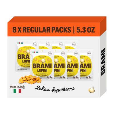 BRAMI Lupini Beans Snack, Garlic &amp; Rosemary | 7g Plant Protein, 0g Net Carbs | Vegan, Vegetarian, Keto, Plant Based, Mediterranean Diet, Non Perishable | 5.3 Ounce (8 Count)