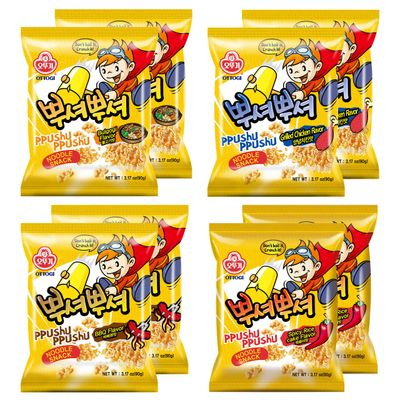 OTTOGI PPUSHU PPUSHU Crush to Eat Noodle Snack - 2 of each Bbq, Bulgogi, Grilled Chicken, Spicy Rice Cake Flavors Variety Pack (90g) - 8 Pack