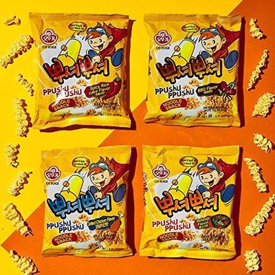 OTTOGI PPUSHU PPUSHU Crush to Eat Noodle Snack - 2 of each Bbq, Bulgogi, Grilled Chicken, Spicy Rice Cake Flavors Variety Pack (90g) - 8 Pack